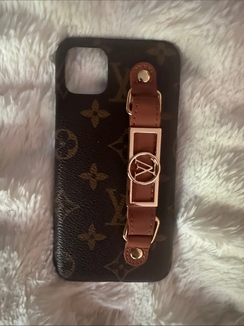 Louis Vuitton Brown Monogram Phone Case with Gold Accent Strap Leather Dupe